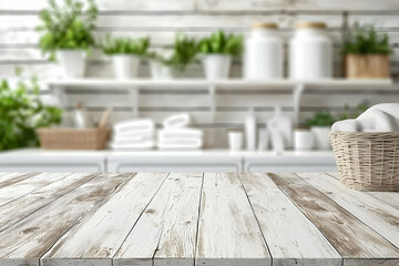Rustic whitewashed wooden table in a blurred laundry room setting