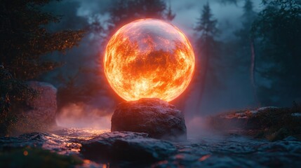 Fiery orb rests on rock by misty stream in dark forest