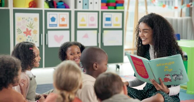 Woman, teacher and reading book with elementary kids in nursery for story time, education or learning. Female person, educator or instructor with children or novel for listening activity in classroom