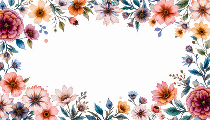 A beautiful watercolor floral frame with a variety of colorful cosmos and other blooms around a white center.