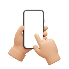 3D cartoon human hand holding a phone vertically and pointing to the screen with the other hand, white blank screen, no sleeve, soft clay style, white background