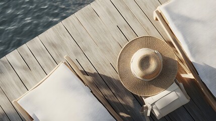 Straw Hat and White Bag on Wooden Lounge Chairs by the Water