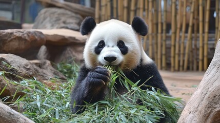 Obraz premium Captivating close-up of a giant panda engrossed in munching bamboo leaves