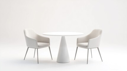 A minimalist, round white table with two matching armchairs.