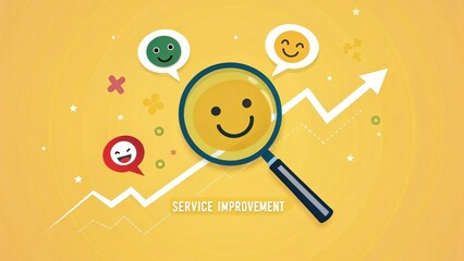 A cheerful illustration depicting service improvement, featuring a magnifying glass over a smiling face and upward growth arrows on a bright yellow background.