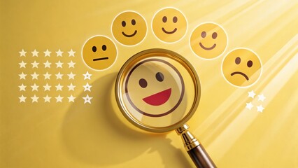 A magnifying glass highlights a smiling emoji among various expressions, symbolizing the exploration of emotions or feedback.