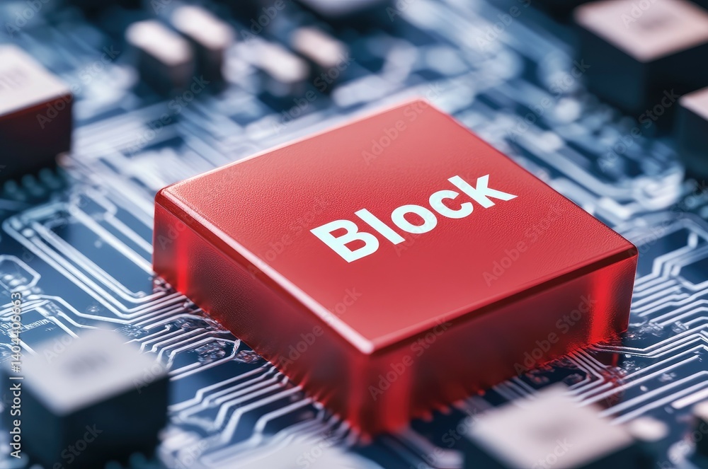 Poster red block button on circuit board digital security technology concept