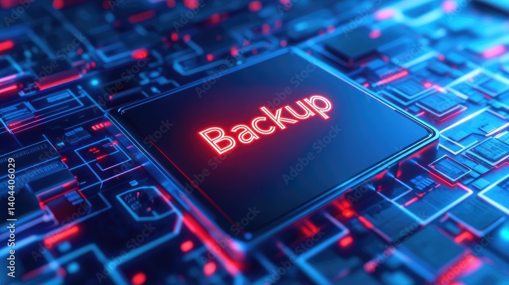 Poster data backup system neon sign on circuit board digital technology