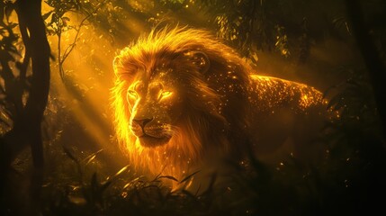 Naklejka premium Golden lion basking in ethereal light within a mystical jungle setting