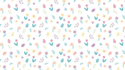 Delicate Easter seamless pattern with pastel decorated eggs and various spring flowers on a clean white background. Soft and cheerful repeat.