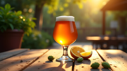 Hazy IPA in tulip glass on wooden table in beer garden. Sunlit orange hue with thick foam and hop/citrus accents in golden hour light.