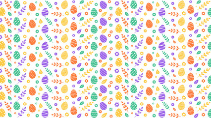 Cheerful Easter seamless pattern with colorful decorated eggs and small floral and leaf elements scattered on a white background.
