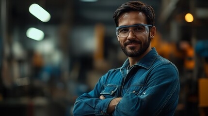 Fototapeta premium Man wearing safety glasses and jean jacket in factory