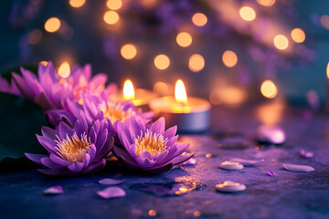 Serene Purple Water Lilies and Candles Spa Relaxation Background