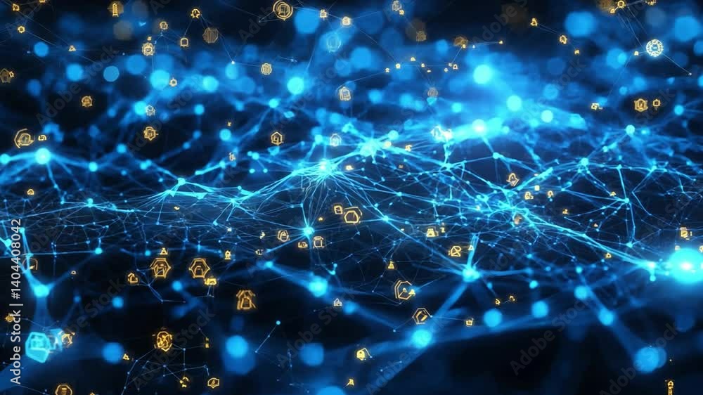 Poster Glowing blue particles form a complex network, illustrating digital connections and data flow in an abstract, futuristic design.