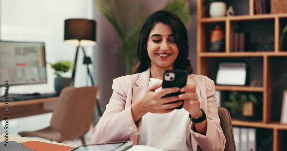 Poster Remote work, phone and smile with woman in home office for virtual assistant, client report and networking. Feedback, administration and proposal schedule with person for planning and research
