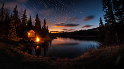 Fototapeta premium Star Trails Campfire Lake Cabin Night.