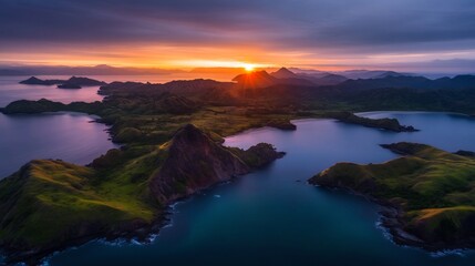 Fototapeta premium Stunning Komodo Island Sunset Aerial View.