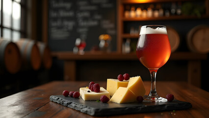 Rosé sour beer in stemware on slate board with cheese pairing. Burgundy reflections and berry garnishes highlight gastropub sophistication.