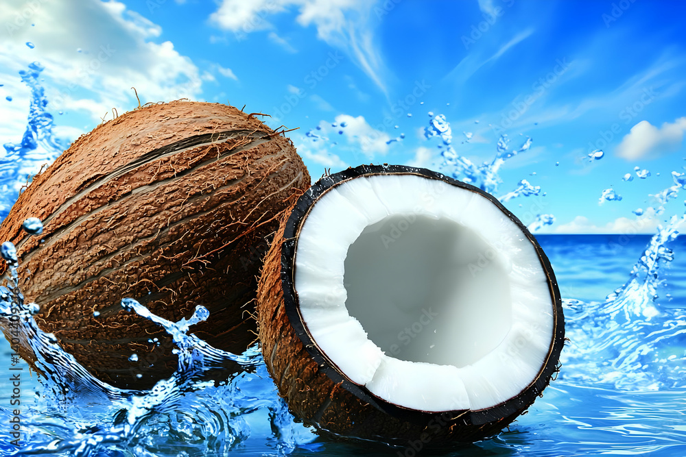 Poster refreshing coconuts splashing in ocean water
