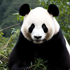 Obraz premium This image shows a giant panda sitting peacefully amidst a field of leaves. The panda has black fur on its underside and face, while the rest of its body is white