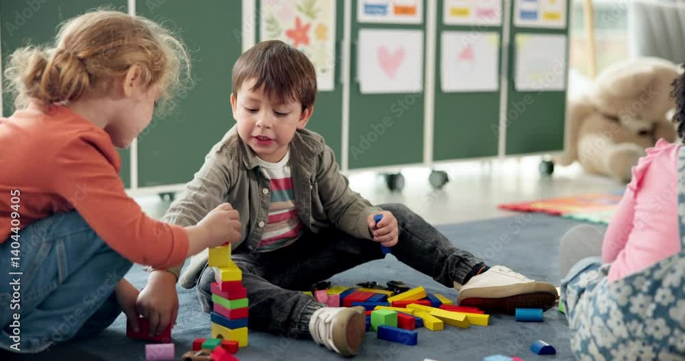 Poster Kids, student and play with blocks in class for learning, problem solving and creative activity. Children, toys and building stack for education game, puzzle solution and motor growth in kindergarden