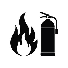 Black Silhouette Fire Flame and Extinguisher Icon Vector