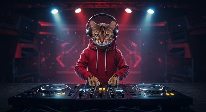 Cat DJ in Red Hoodie Behind Mixing Console in Dark Club Setting