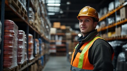 A man in work gear stands in a warehouse aisle