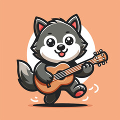 cute cat playing guitar cartoon flat color design