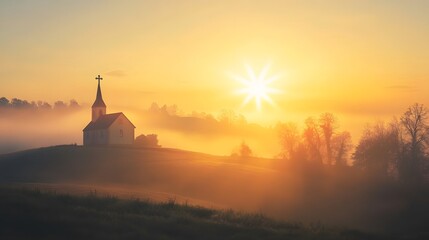 Obraz premium Sunrise Over Foggy Hills Silhouetted Church in Golden Light