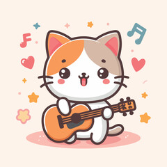 cute kitty playing guitar design flat cartoon vector