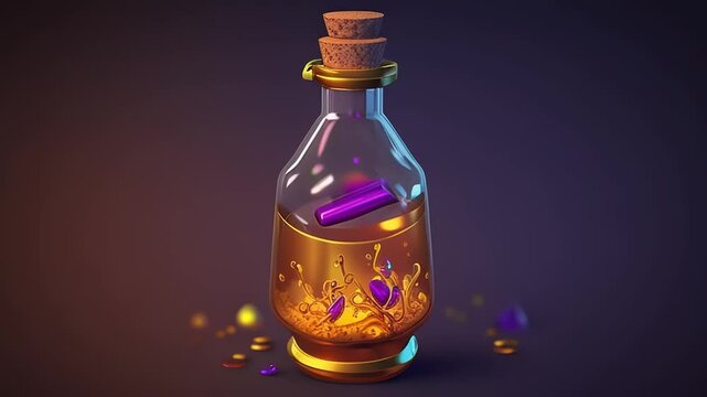 A mystical potion bottle filled with glowing liquid and gemstones, set against a dark backdrop
