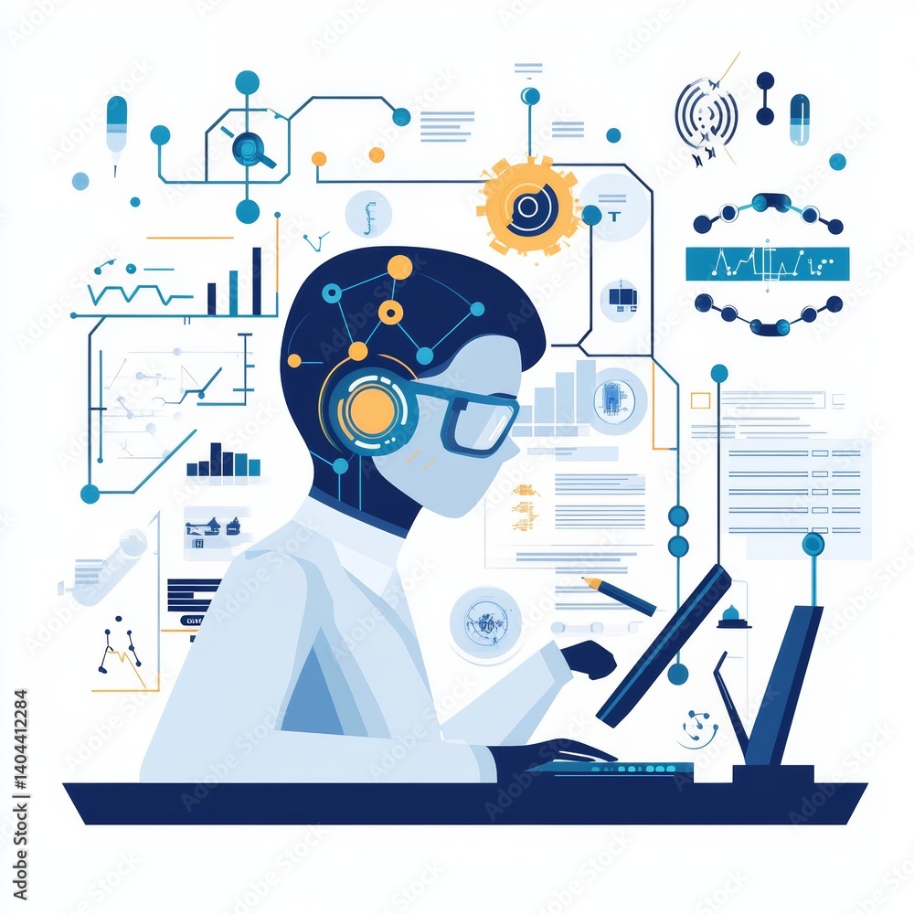 Poster robot working on computer with various technological symbols