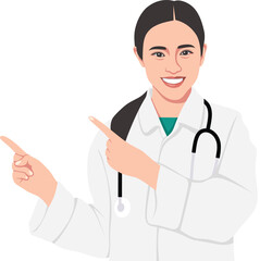 Young doctor with stethoscope pointing to the left