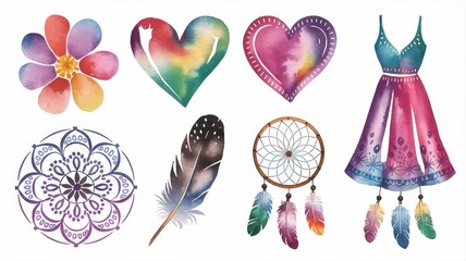 Vibrant Watercolor Designs: Mandala, Dreamcatcher, Dress, Flower, Heart, and Feather