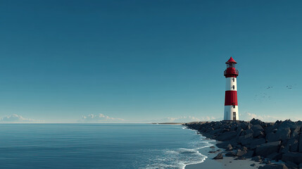 Fototapeta premium Lighthouse on rocky shore with calm sea and clear sky
