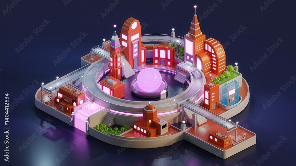 Poster a vibrant, futuristic cityscape featuring colorful buildings and a central circular structure with a