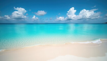 Fototapeta premium A breathtaking tropical beach scene featuring crystal-clear turquoise waters meeting a pristine white sandy shore. The calm ocean stretches to the horizon, where it meets a vibrant blue sky.