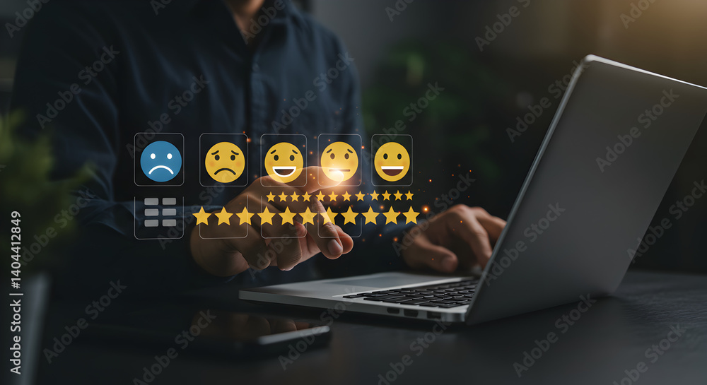 Aufkleber man using laptop assessing satisfaction levels with emoji and star ratings on a dark table in dimly 
