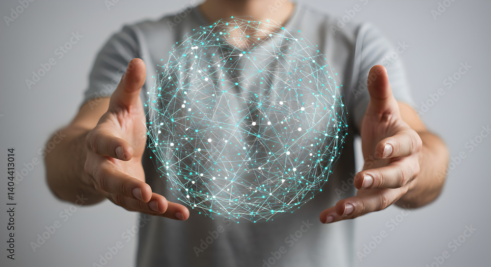 Poster man holds digital sphere of interconnected nodes in a studio with a white background