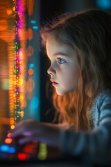 Young Girl Using Keyboard with Colorful Lights