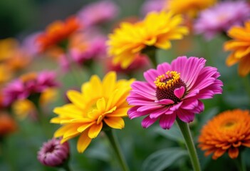 Obraz premium A vibrant and colorful close-up image of a flower garden featuring pink zinnias and yellow marigolds in full bloom. The flowers are shown in sharp focus, highlighting their delicate petals.