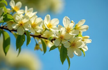 Obraz premium Linden tree branch with blooming white flowers, green leaves against clear blue sky. Spring season, fresh flowers in bloom, floral background, nature outdoors, herbal medicine. Healthy organic