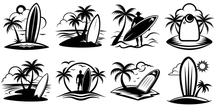 Black and white surfing silhouettes with palm trees and tropical island imagery vector silhouette line art Generative AII