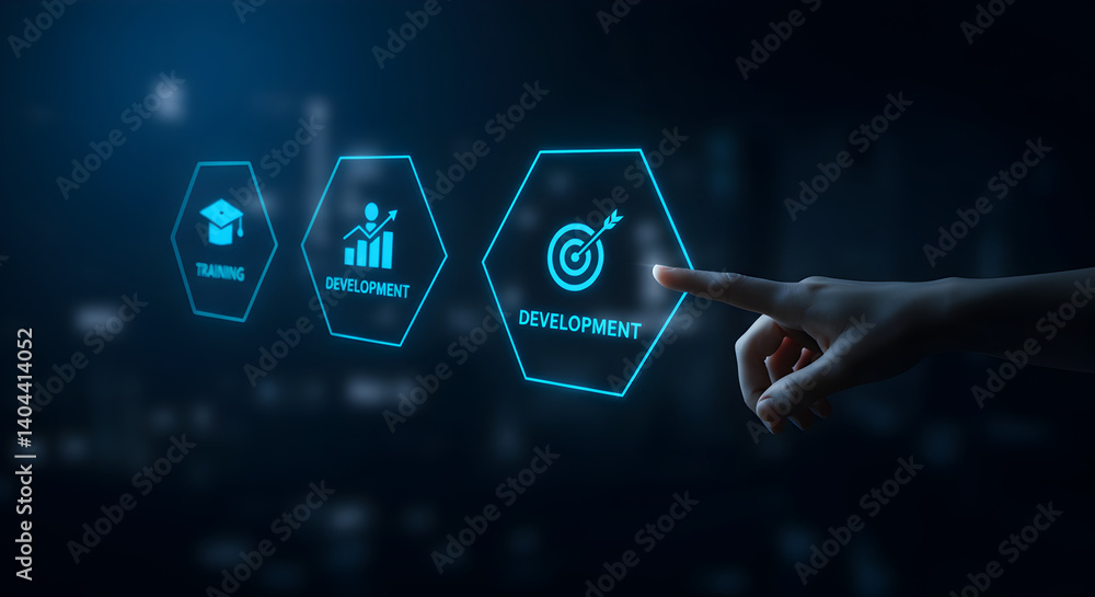 Poster hand interacting with achievement development and learning icons on a blue futuristic interface