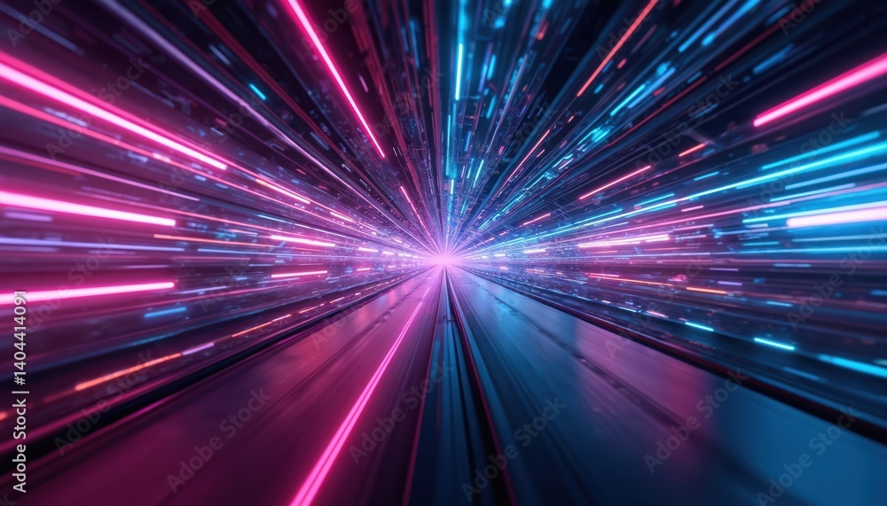 Aufkleber Abstract digital art. Neon lights speed through futuristic tunnel. Lines of light creating data flow. Cyberpunk, tech, internet, modern concept, with purple, blue and pink colors.