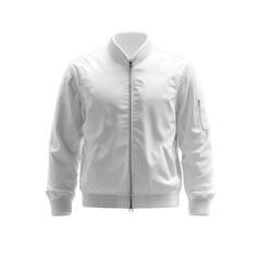 White bomber jacket front view fashion apparel studio background minimalist design modern aesthetic