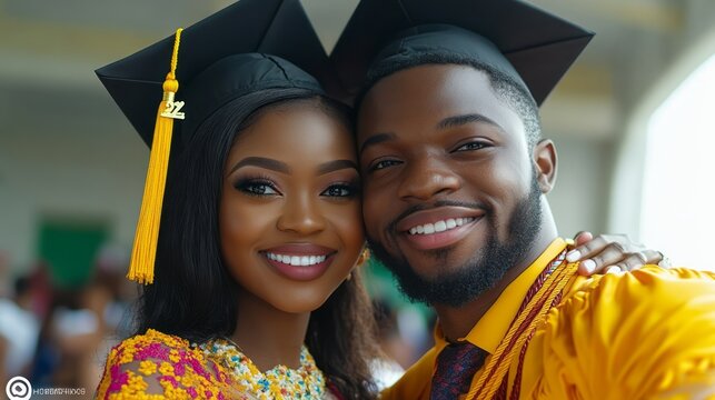Graduating couple share joyous moment in their academic regalia - Powered by Adobe