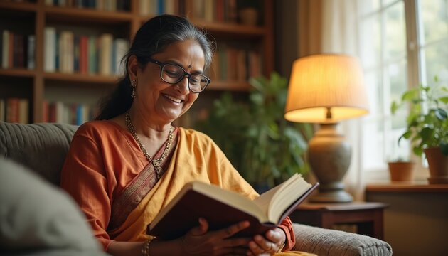 Middle-aged Indian woman smiles while reading book at home. Happy female wears glasses, traditional orange clothes. Serene moment, enjoying leisure at home.